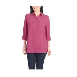 Hilary Radley Pink Long Sleeve Button Down Collar‎ Front Pockets Shirt SM